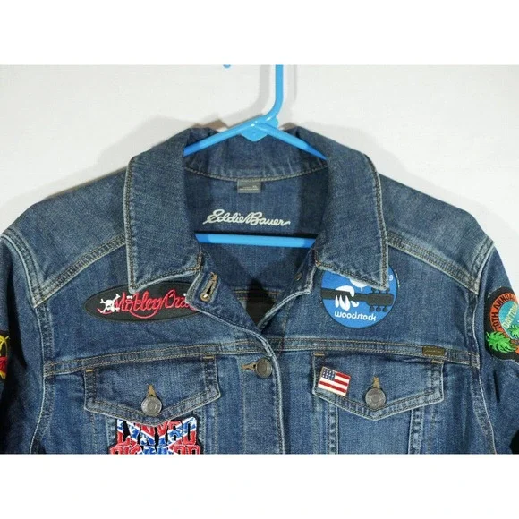 Eddie Bauer Denim Jean Jacket Patches Women XL Biker Bike Week Bands Beer - Picture 3 of 16